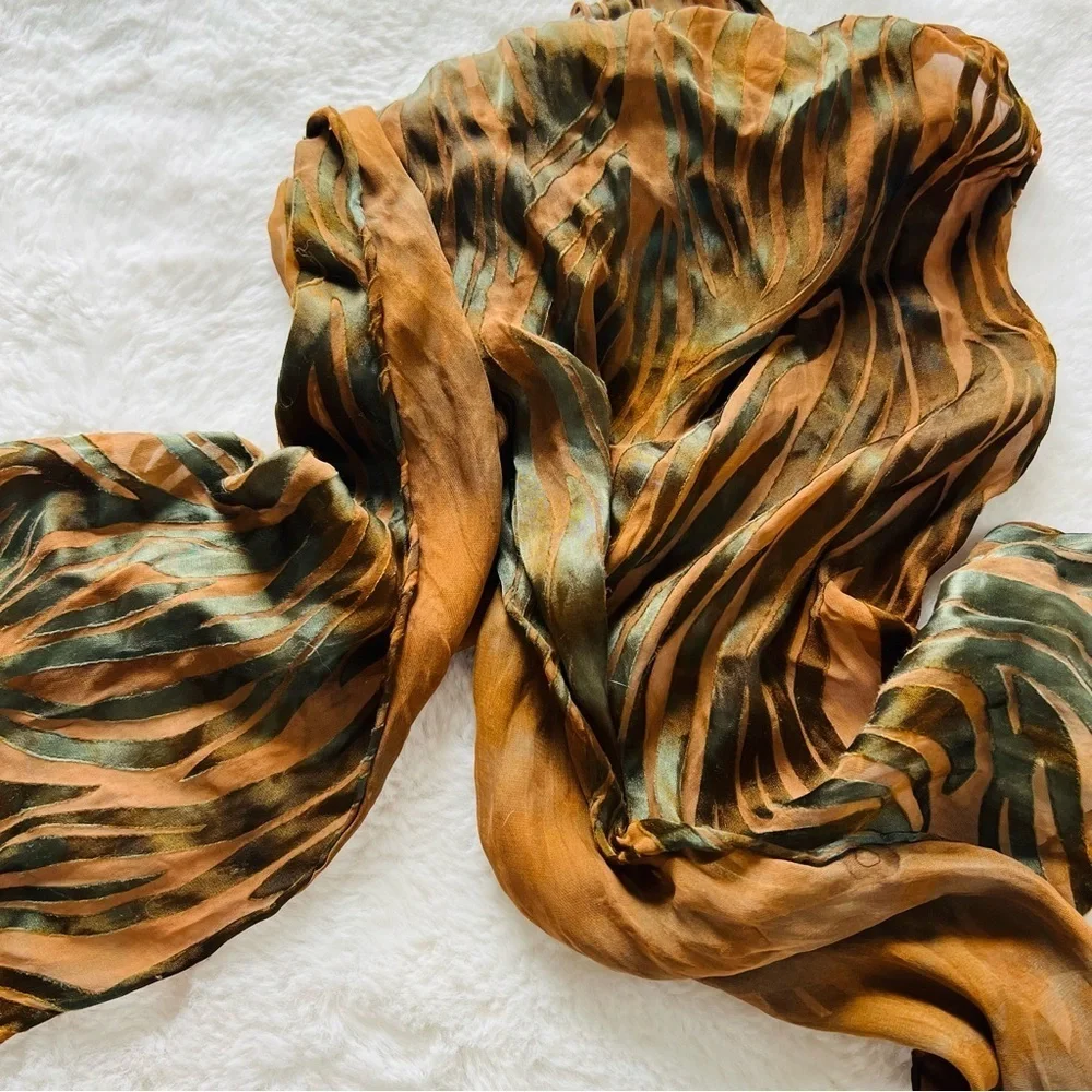 58”x12” VINTAGE SILK OBLONG SHAPED BROWN WOMEN'S SCARF.